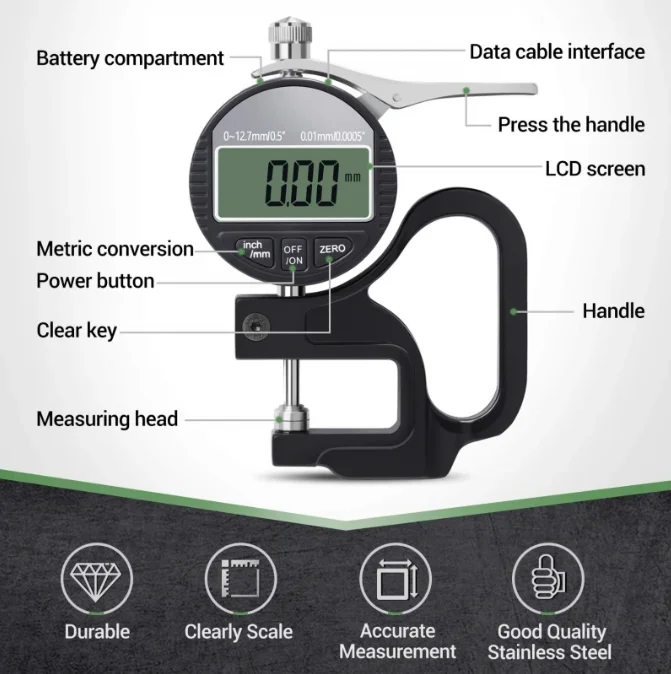 M-301 0-12.7mm Electronic Digital Thickness Meter Gauge for Paper Film Leather Thickness Measuring Tool