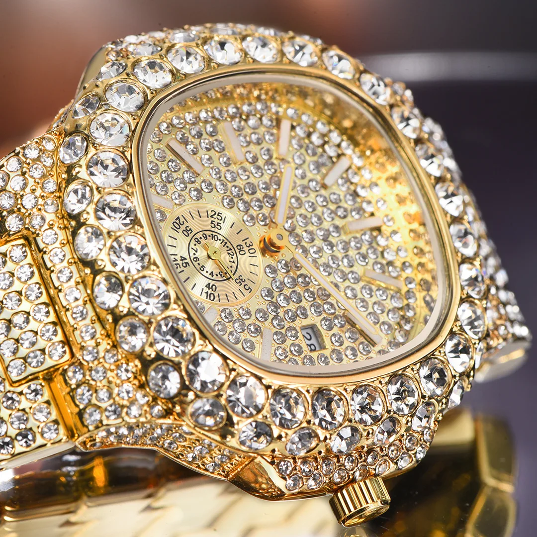 Hiphop Unique Mens Watches Quartz Wristwatch Gold Automatic Date Steel Luxury Diamond Watch For Men