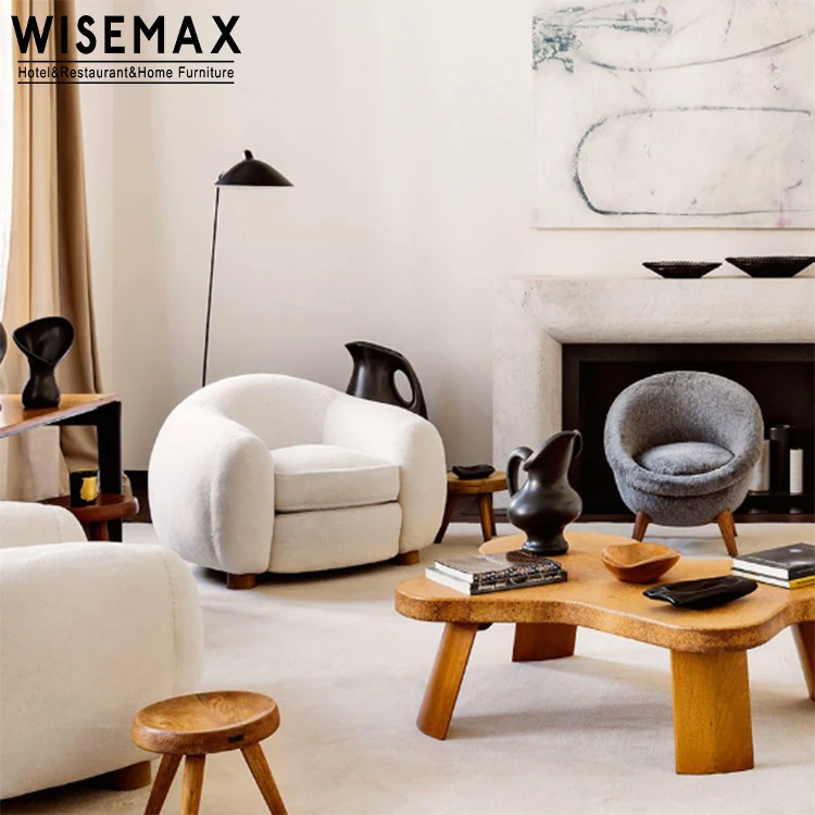 WISEMAX FURNITURE  luxury Living Room Furniture sofas set curved shaped Lamb Wool Fabric 3 seater Sofa accent single seat sofas