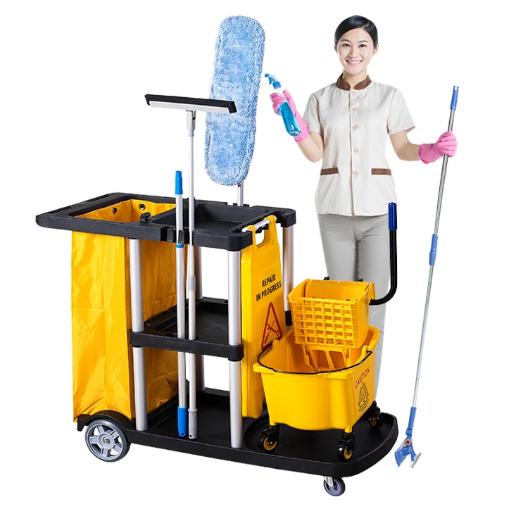 
Hospital Service Serving Cleaning 3 Shelves Janitor Cart Trolley Mop Floor Metal Cleaning Products 