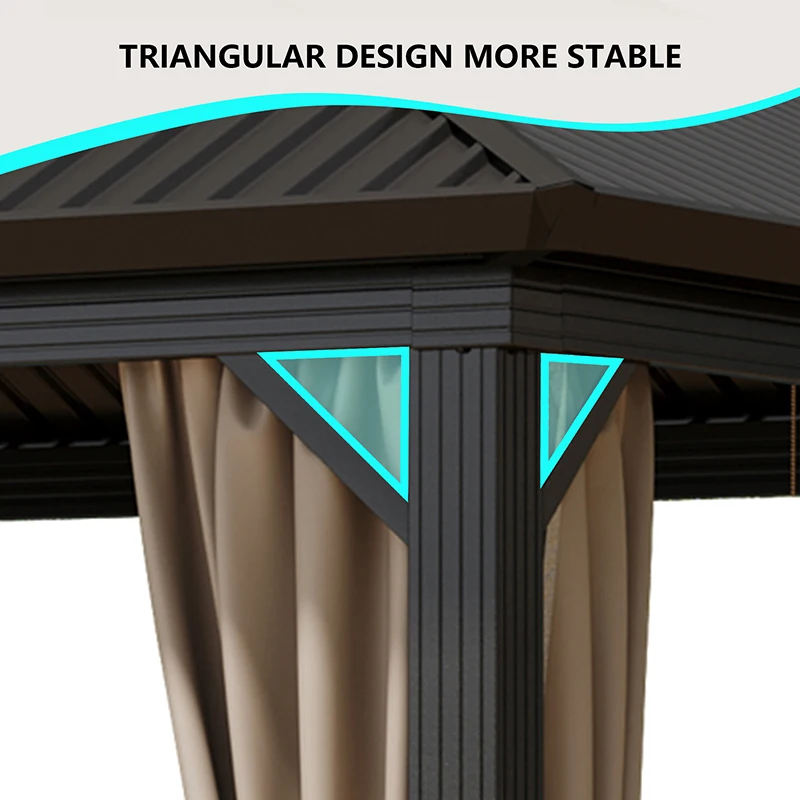 10x12ft USA Available In Stock Permanent Canopy Dark Brown Double Roof Hardtop Gazebo With Mosquito Netting & Curtains