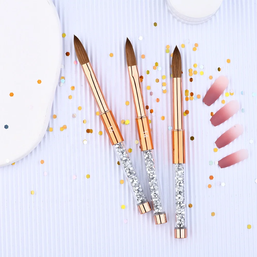 Rose Gold Diamond Handle Kolinsky Acrylic Nail Brush Crimped Size 14 16 18 Nail Powder Brush for Nail Art Manicure Brush Tool