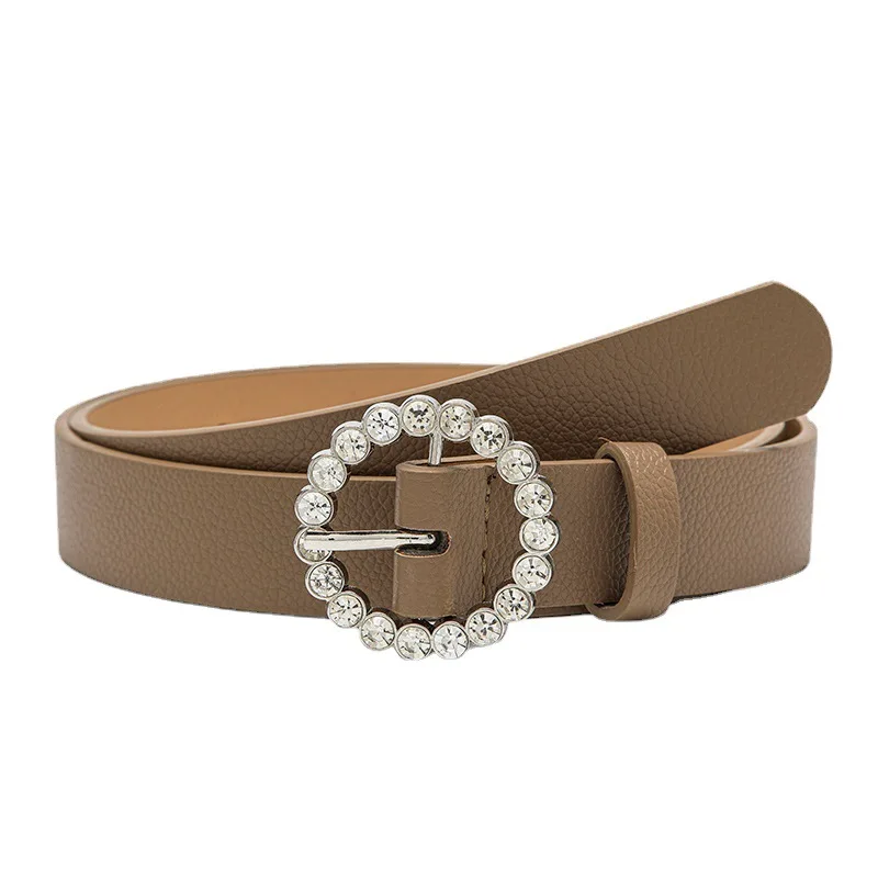 RS295 New Ladies Belt Elegant Texture Belt Women Pu Round Japanese Buckle Inlaid Brick Belt