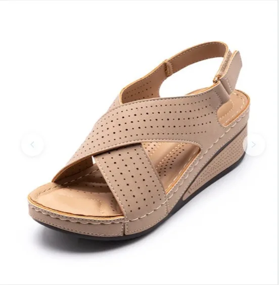Women Sandals Summer 2021 Hollow Wedges Sandals Female Casual Leather socofy Retro  Sandalis woman Plus Size