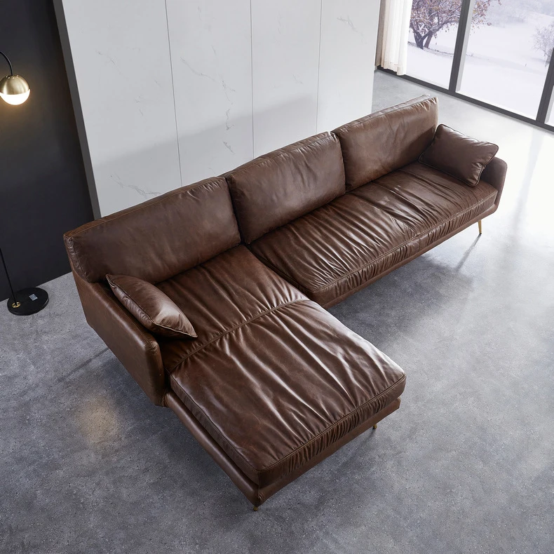 New light luxury L-shaped chaise longue combination full leather office living room oil wax leather sofa factory direct sales