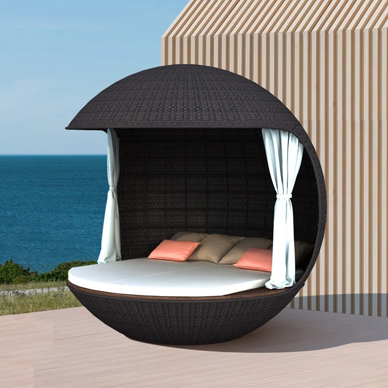 Outdoor bed sofa bed sun room rattan woven creative round bed beach pool villa courtyard Nordic loungers