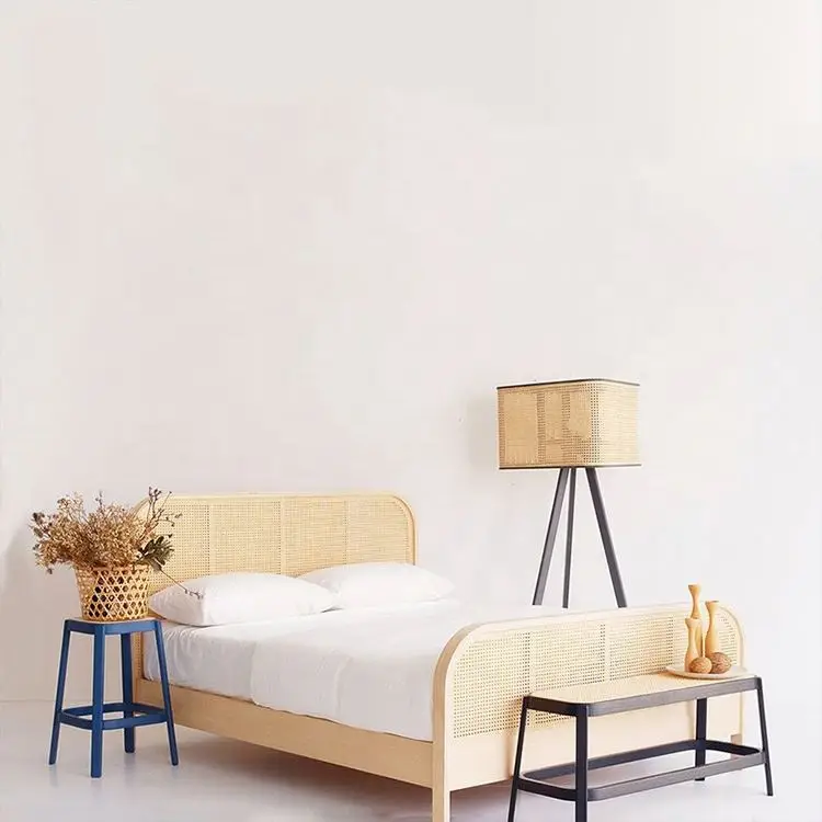 Простой ротанговый изголовье дизайн Отель дом кровать твердая деревянная рама современный комплект мебели для спальни