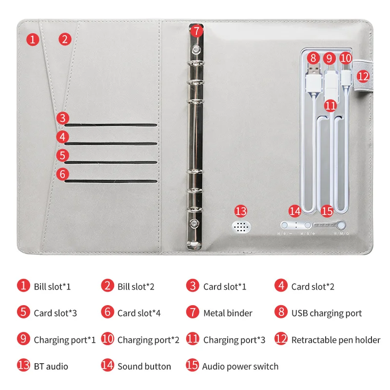 Multifunction 8000mah Power Bank Notebook With Video Recorder Fingerprint Lock Diary Wireless Charging