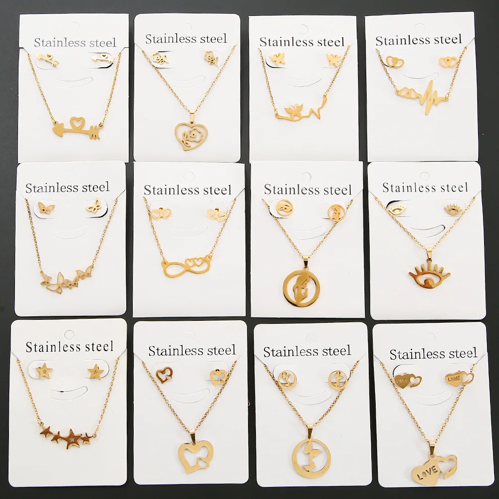 Go Party Stainless Steel Heart ECG Butterfly Angel MaMa Five-Pointed Star Pendant Necklace Earrings Jewelry Set For Women Girls