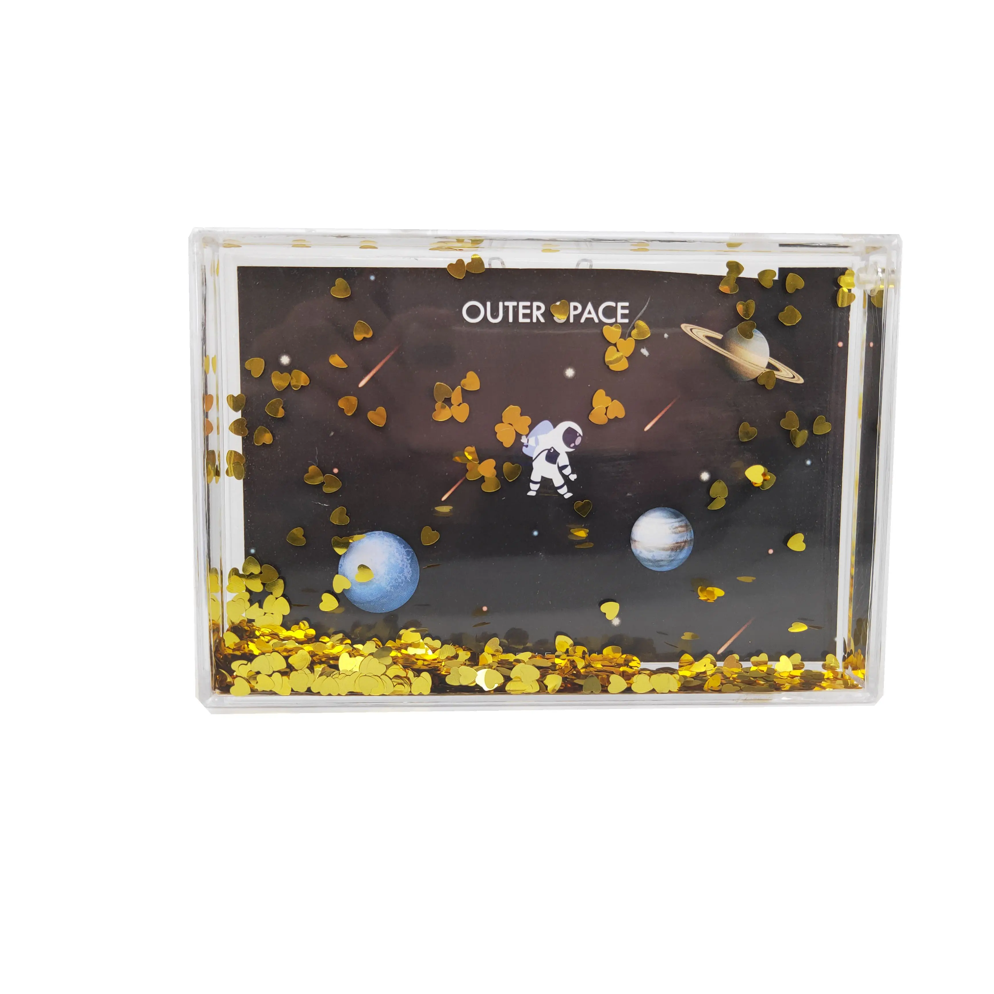 Высококачественная 6*4 прозрачная сувенирная жидкая фоторамка в форме сердца с блестками