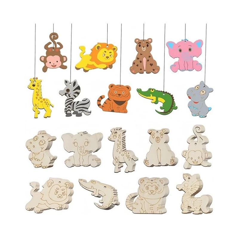 45Pcs Animal Wood Cutouts Ornaments Jungle Animal Unfinished Wood Slices Blank Wood Tiger Monkey Elephant Hanging Decoration
