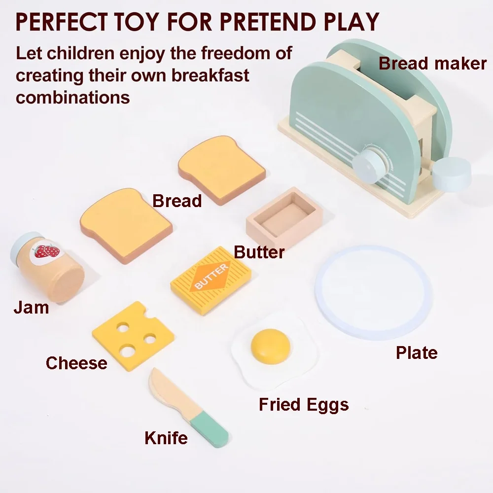 Kids role play bread machine toy pretend play wooden kitchen food bread maker game set wood pop up toaster toy with accessories