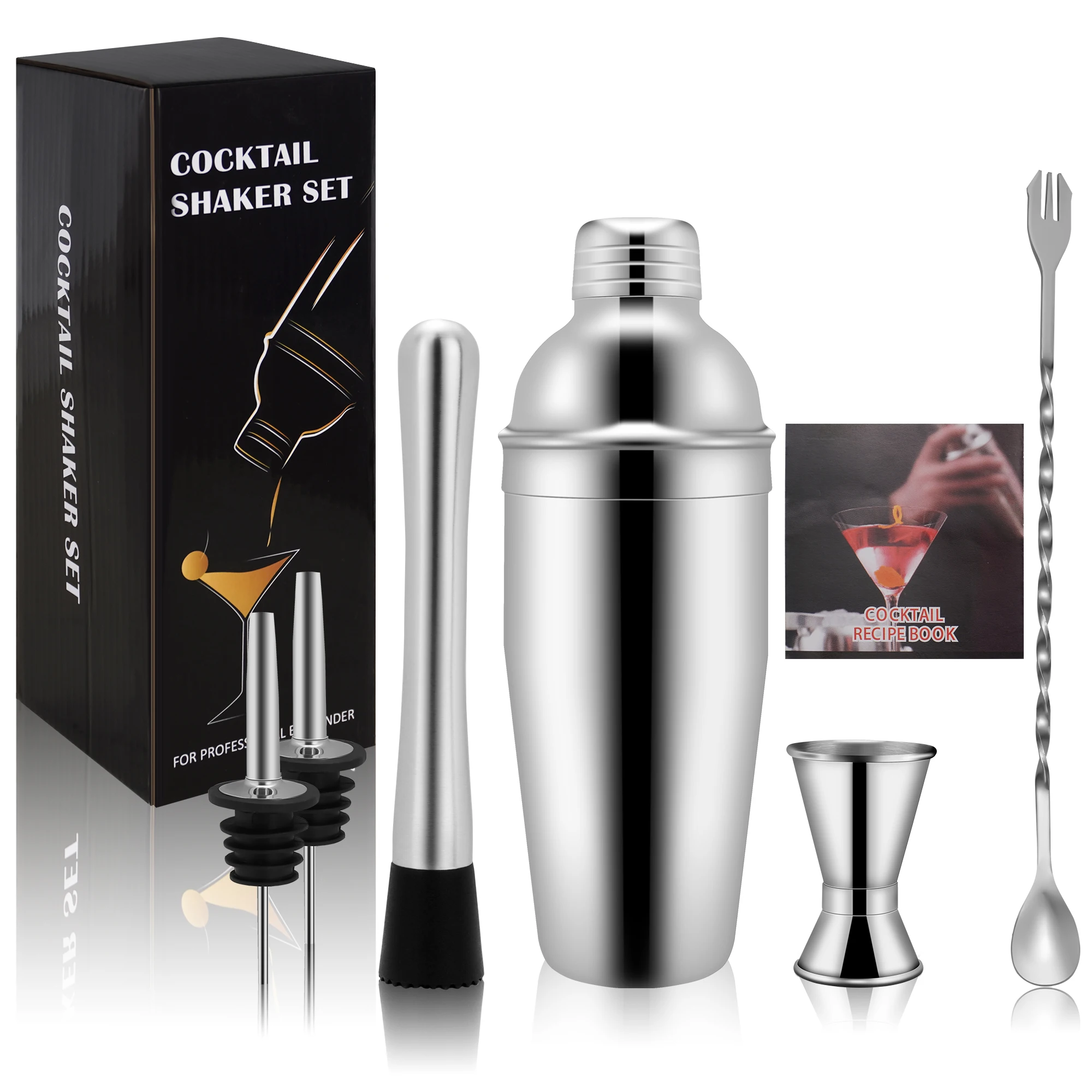 Hot Sell Bar Accessories Tool Martini Shaker Measuring Jigger Mixing Spoon Stainless Steel Bartender Kit Set