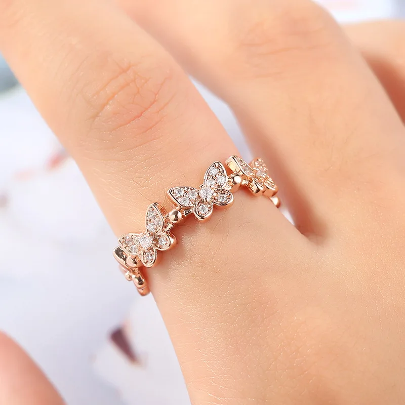  Stylish Sophisticated Crystal Zircon Jewelry Gold Plate Simulation Diamond Rings Fashion Butterfly Women