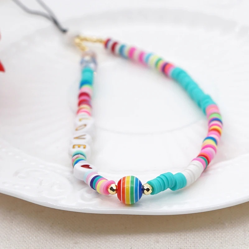 Colorful LOVE Letter Beaded Heishi Beads Polymer Clay Cell Mobile Phone Strap Chain Case Charm Holder Lanyard Bracelet Keychain