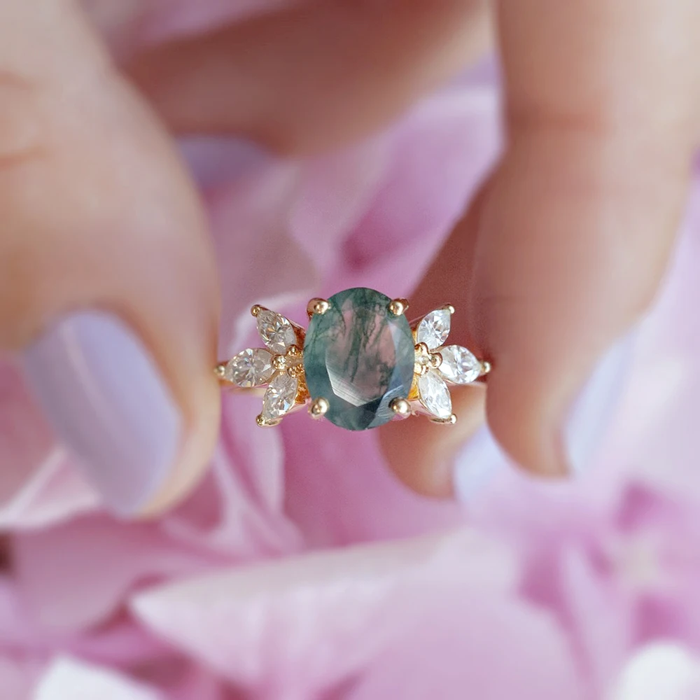 New Arrival Wholesale Beautiful Women Jewelry Oval Moss Agate Ring With Moissanite Engagement Wedding Promise Rings For Gift