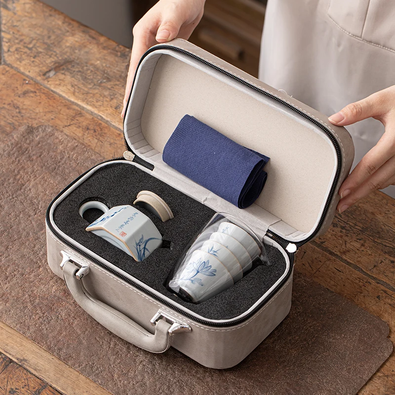 Hand-Painted Kung Fu Tea Set Plum Blossom Orchid Bamboo Chrysanthemum New Chinese Pot Four Cups Portable Outdoor Coffee/Tea