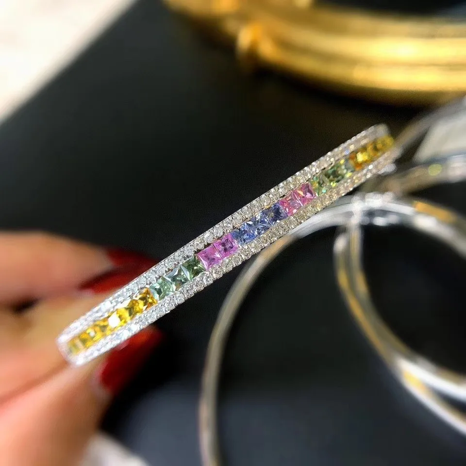 Natural Diamond Blue Sapphire Tennis Bracelet Colored Rainbow Bangle 18K Gold Bracelet