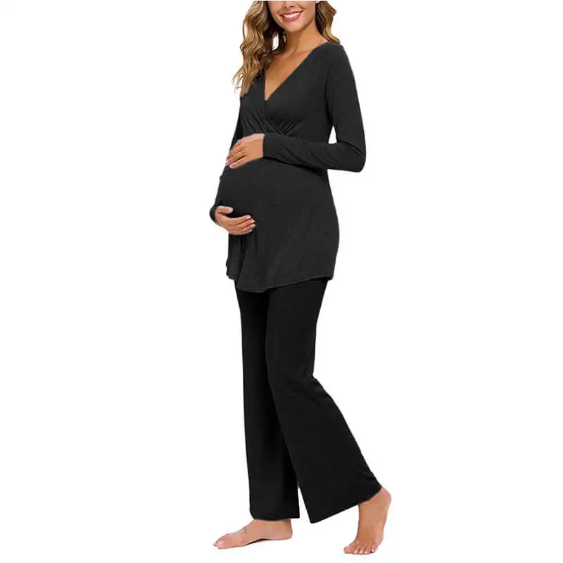 
Fashionable Maternity And Feeding Mum Cotton Cozy Spring V Neck Plain Full Long-Sleeve Basic Nursing Shirt Pregnancy Pants Set 