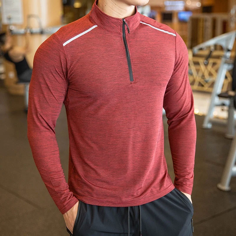 Quick dry plain long sleeve sports 1/4 zip up basic color muscle fitted gym training mens shirts