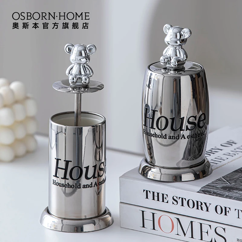 OSBORN Sliver Stainless Steel Hand Press Type Toothpick Dispenser Holder Metal Bear Toothpick Storage
