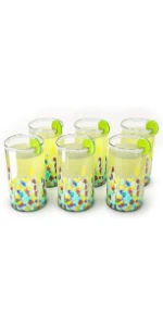 16 Ounces Hand Blown Mexican Drinking Glasses Set of 6 Confetti Carmen Rock Design Glasses