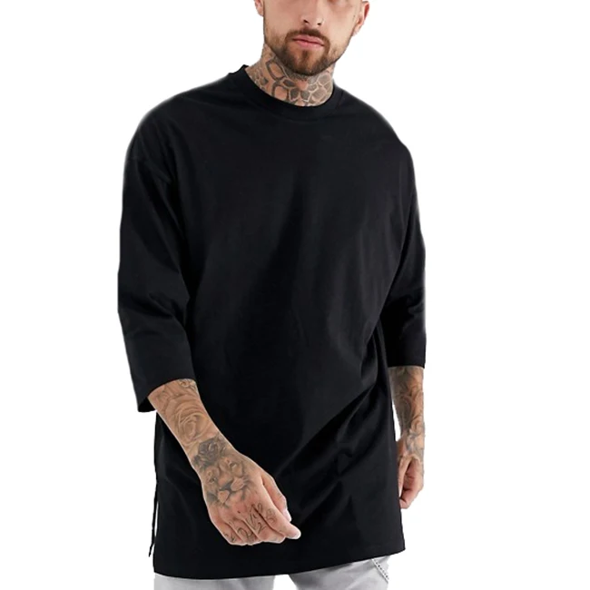 Custom Print Oversized Longline Hip Hop Printing Men Cheap Black 3/4 Sleeve Tshirt