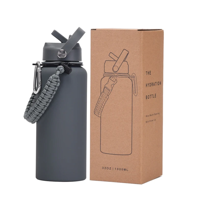 Wholesale 1 Litre 32 Oz Large Capacity Hot And Cold Insulated Vacuum Flask Stainless Steel Water Bottle With Handle Straw Strap