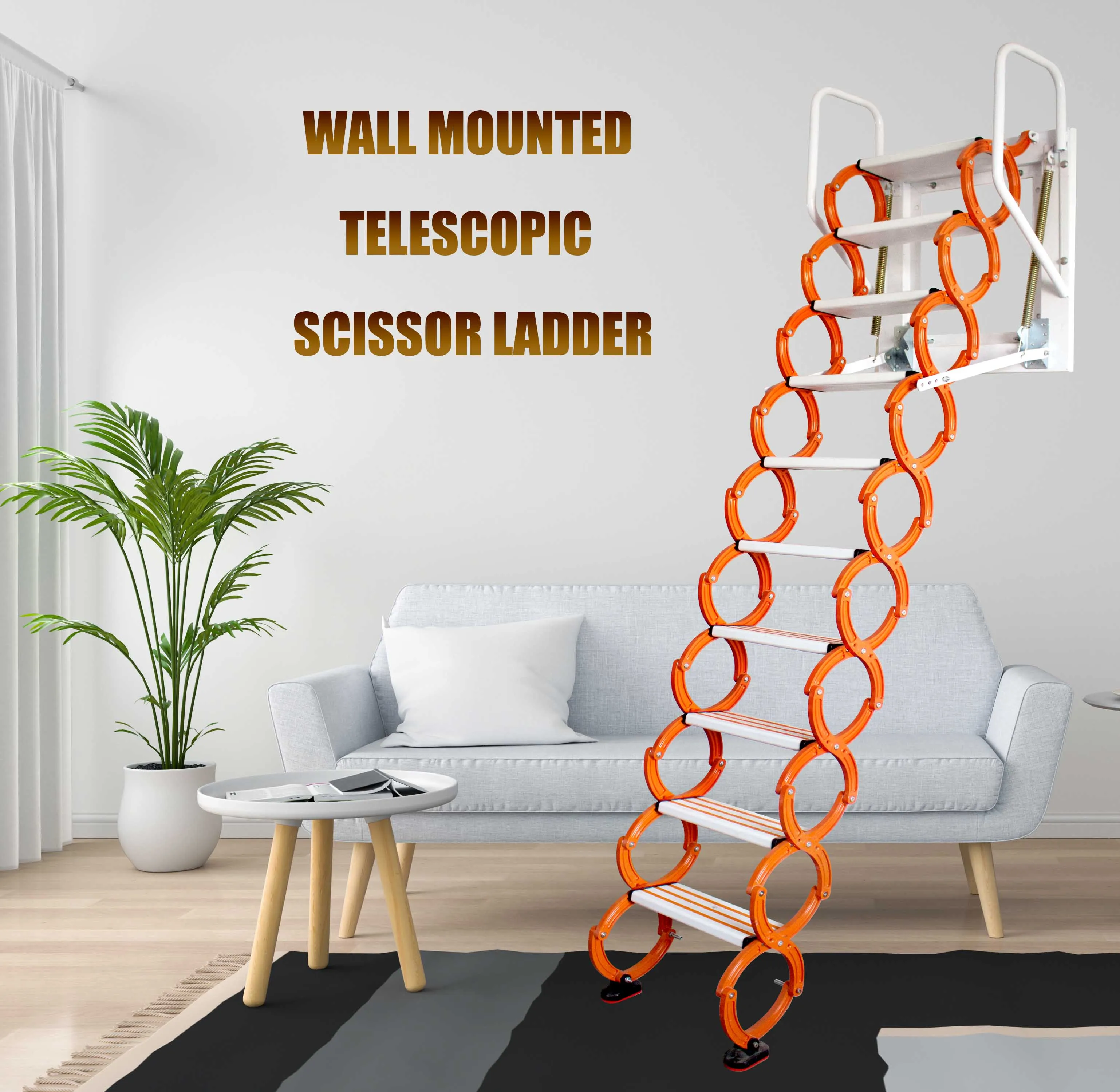 Attic Ladder Aluminium Telescopic Loft Ladder Stairs Aluminum Folding Ladder Modern CE Orange 375 Lbs EN131