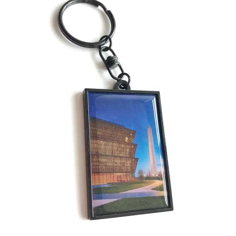 Scenery photo printed rectangle shape black nickel color metal key chain