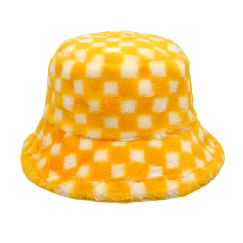 Wholesale Winter black white Check Pattern Print custom Logo Fisherman hats Character Fur Plush Warm Bucket Hat