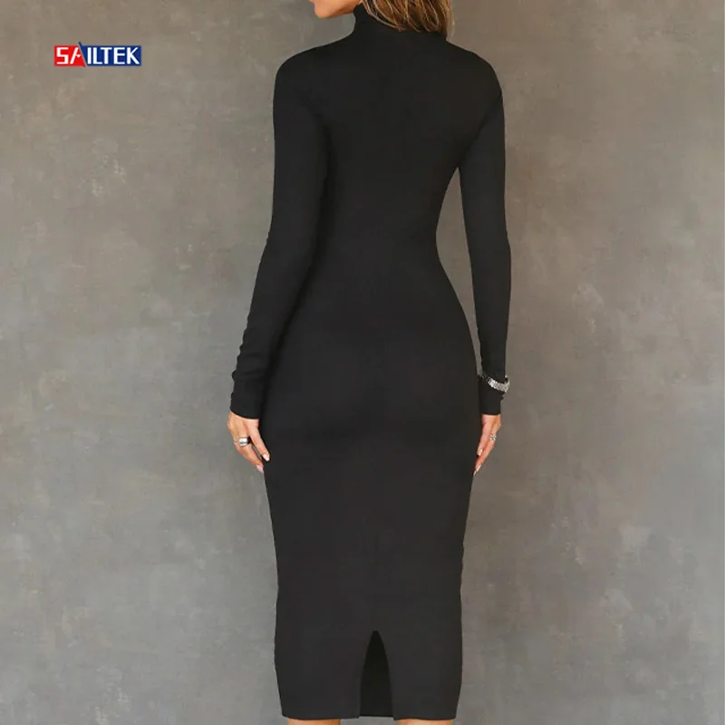 2024 New Arrival Summer Women Long Dresses Fashion New Solid Color Long Sleeve Turtleneck Dress For Woman