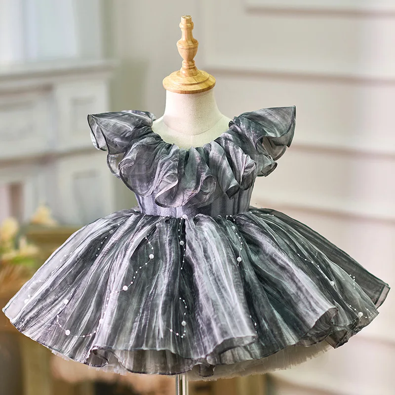 2025 Newest High Grade Princess Grey Elegant Birthday Dress Kids Pearl Prom Gown Children Piano Performance Costume Dresses