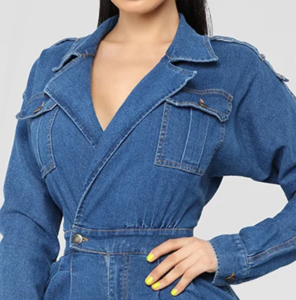 2019 Autumn High Quality Women  Denim Romper Long Sleeve V-Neck Jean Jumpsuits