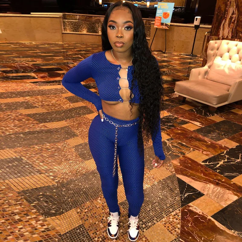 
XLL-spring sexy Waffle print crop top solid color paper clip long sleeve clothing 2 piece women set 