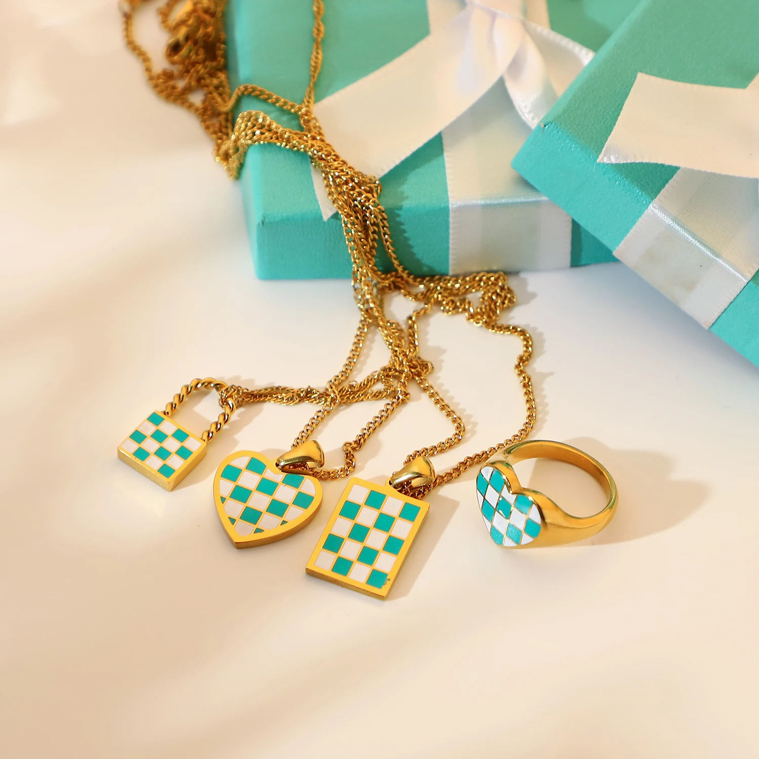 18k gold stainless steel enamel golden jewelry set necklace turquoise chess plaid square pendent necklace for women men