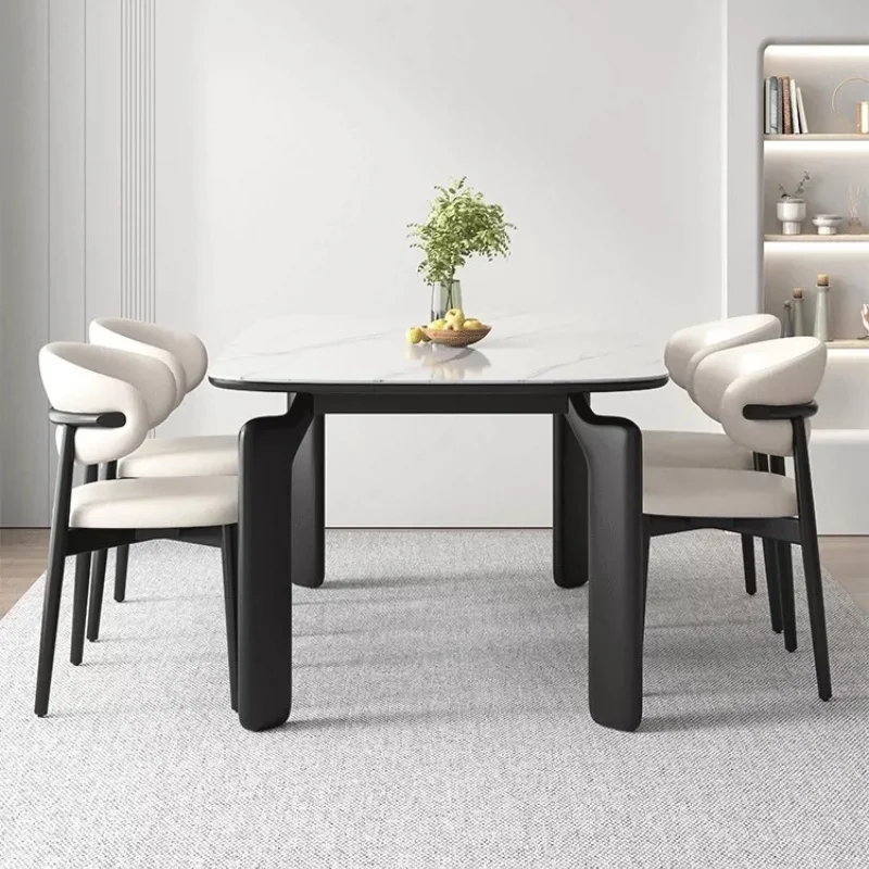 Modern Simple Light Luxury Rock Slab Dinning Table Set For 6 Chairs Solid Wood Frame Rectangular Restaurant Hotel Dining Table