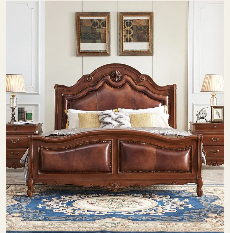 American Antique Luxury Italian Classic Solid Wood Bedroom Furniture Sets 1.8m European Simple Style Double Wedding Beds