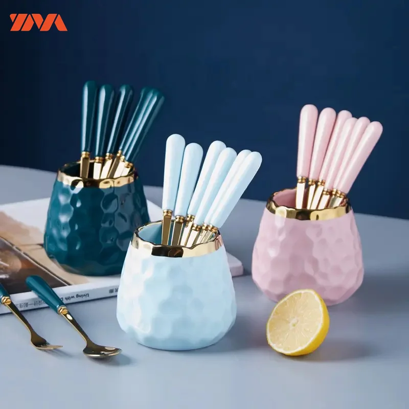 Ceramic Storage Jar with Ceramic Handle Stainless Steel Fork Spoon Dessert Cake Fruit Fork Spoon Container