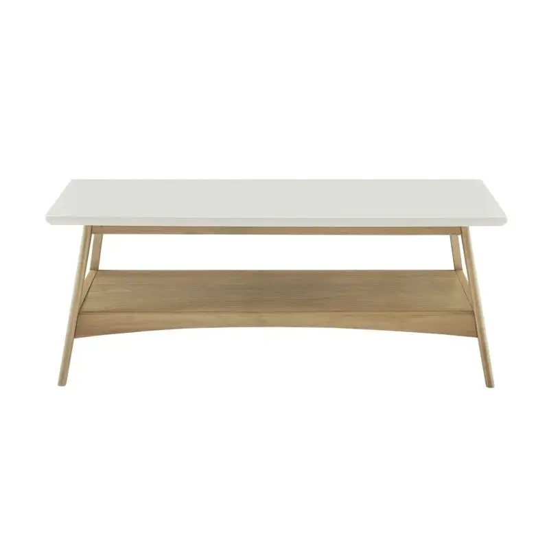 Teak Solid Wood Modern Coffee Table Rectangular Top Table With Flared Legs And Open Lower Shelf