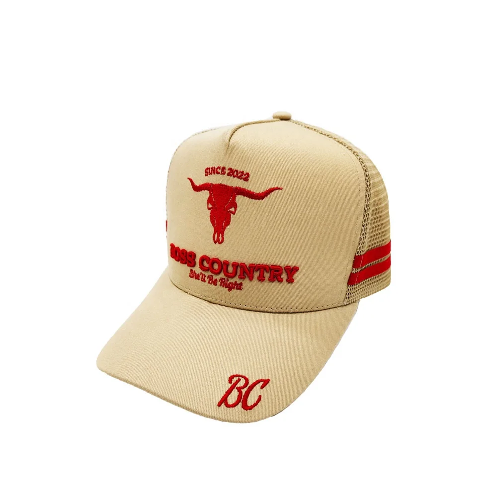 custom logo high profile  beige color  trucker hat 5 panel mesh trucker hats  high quality   cotton and mesh  trucker hats