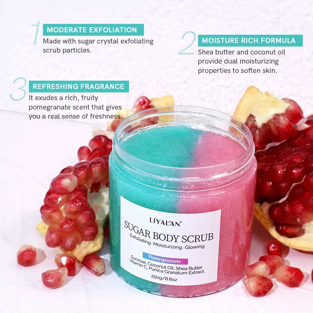 Custom Logo Skin Care Whitening Exfoliating Natural Organic Fruit Pomegranate Body Sugar Scrub