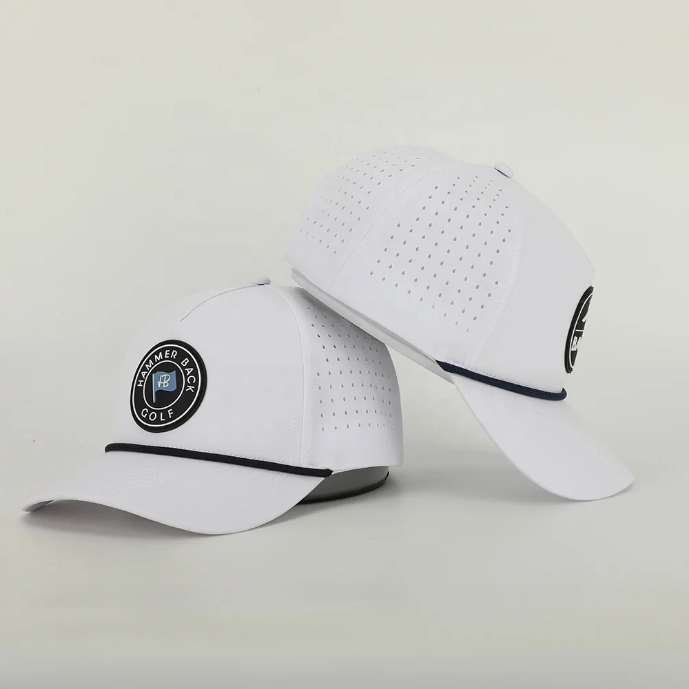 Wholesale Custom Rubber Patch  Logo 5 Panel Dad Hat High Quality Polyester Golf Gorras,Laser Cut Hole Rope Sport Baseball Cap