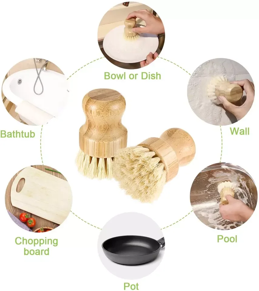 eco friendly kitchen bamboo cleaning brush wood plant short handle round dish pot scrubber