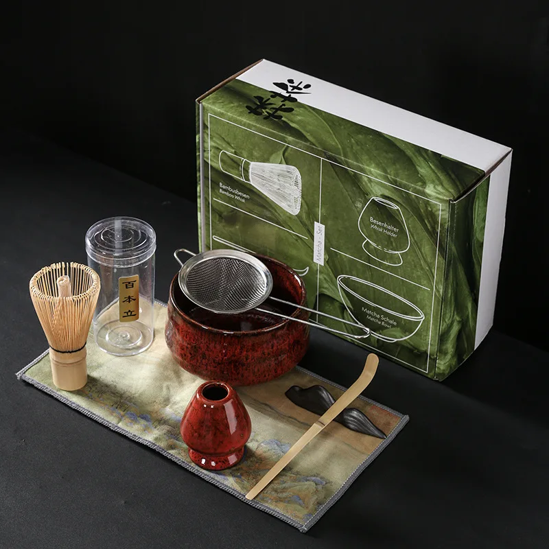 Ceramic Matcha Set with Filter Jat Pot Bamboo Whisk Stand Ceramic Bowl Cup Spoon Holder Kit Tools Gift Box