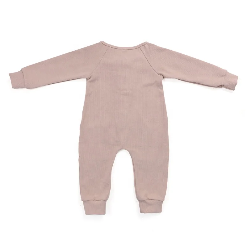 Newborn baby clothes kids clothing buttons front cuff long sleeve with pockets pink organic cotton ribbed baby romper