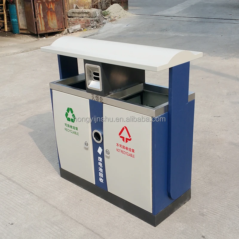 Modern design outdoor trash can stainless steel metal trash bin 2 in 1 waste container