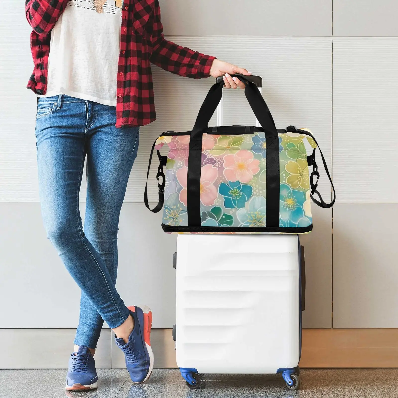 Hawaiian Custom Flower Print Wholesales Travel Foldable Bags 32L Lightweight Duffel Large Sport Gym Bag For Travel