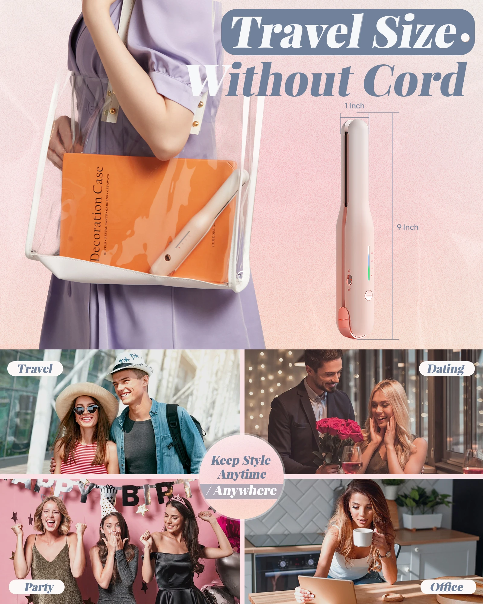 Professional Rechargeable 40w Pink Ceramic Portable Smart Hair Straightener Cordless Tiny Iron Little Flat Irons