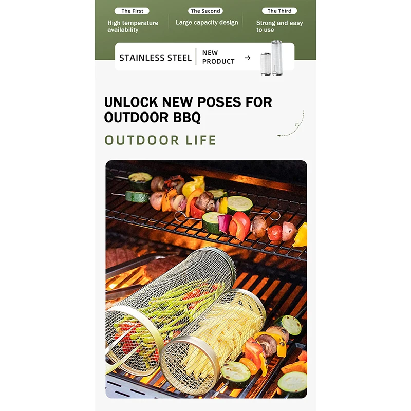 Stainless Steel Rolling Cooking Grill Grate, Outdoor Charcoal BBQ Grid, Round Grilling Basket with Removable Mesh Cover